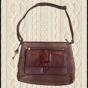 Fossil Kinley Medium Brown Pebbled Cowhide Leather Crossbody Satchel